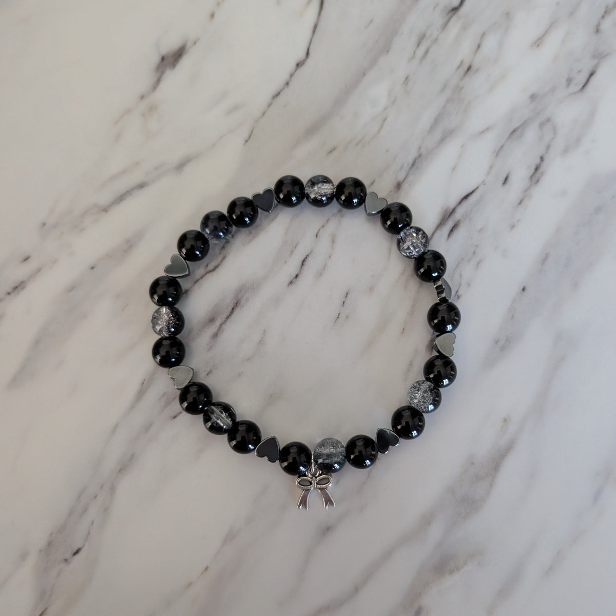 Black Crackle Glass Bead Stretch Bracelet with Silver Heart Accents & Bow Charm - Gothic Coquette Beaded Jewelry