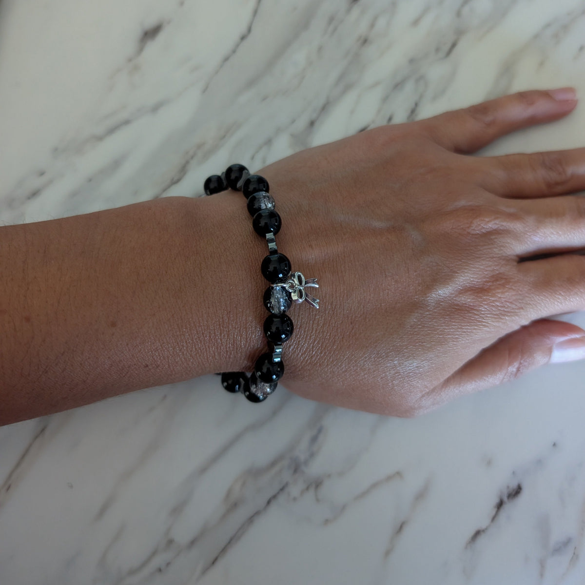 Black Crackle Glass Bead Stretch Bracelet with Silver Heart Accents & Bow Charm - Gothic Coquette Beaded Jewelry