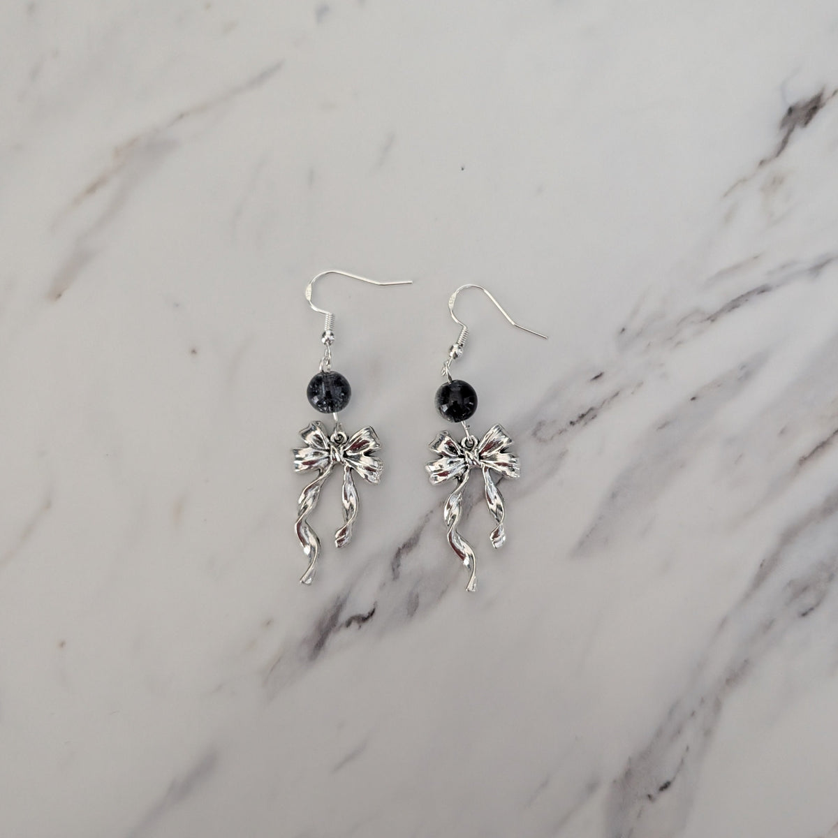 Silver Ribbon Bow Earrings with Black Crackle Glass Beads, 925 Sterling Silver Hooks