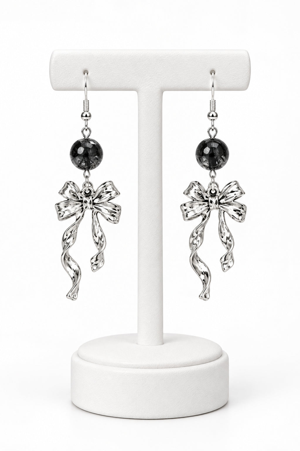 Silver Ribbon Bow Earrings with Black Crackle Glass Beads, 925 Sterling Silver Hooks
