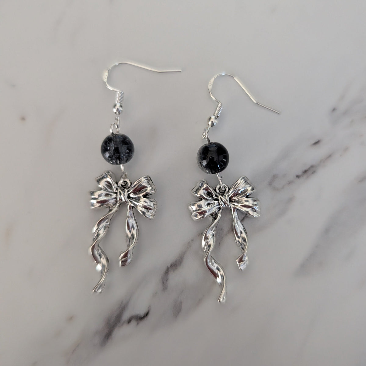 Silver Ribbon Bow Earrings with Black Crackle Glass Beads, 925 Sterling Silver Hooks