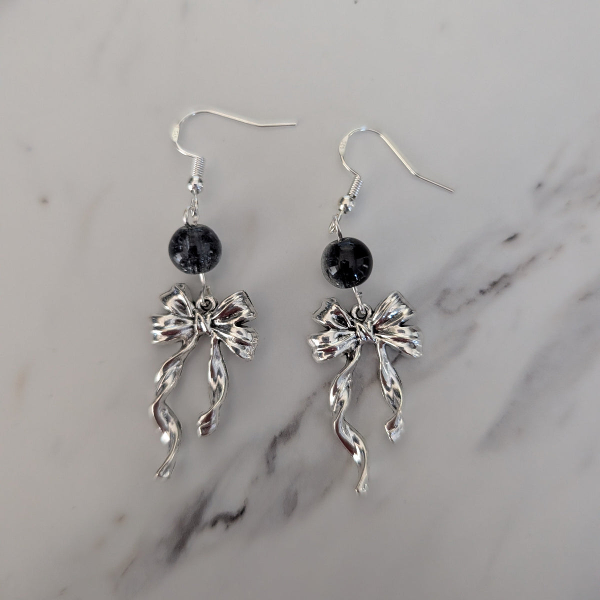 Silver Ribbon Bow Earrings with Black Crackle Glass Beads, 925 Sterling Silver Hooks