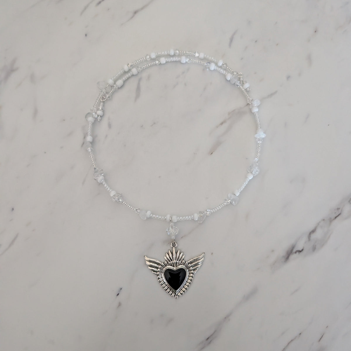 Winged Sacred Heart Memory Wire Collar – Gothic Boho Beaded Choker
