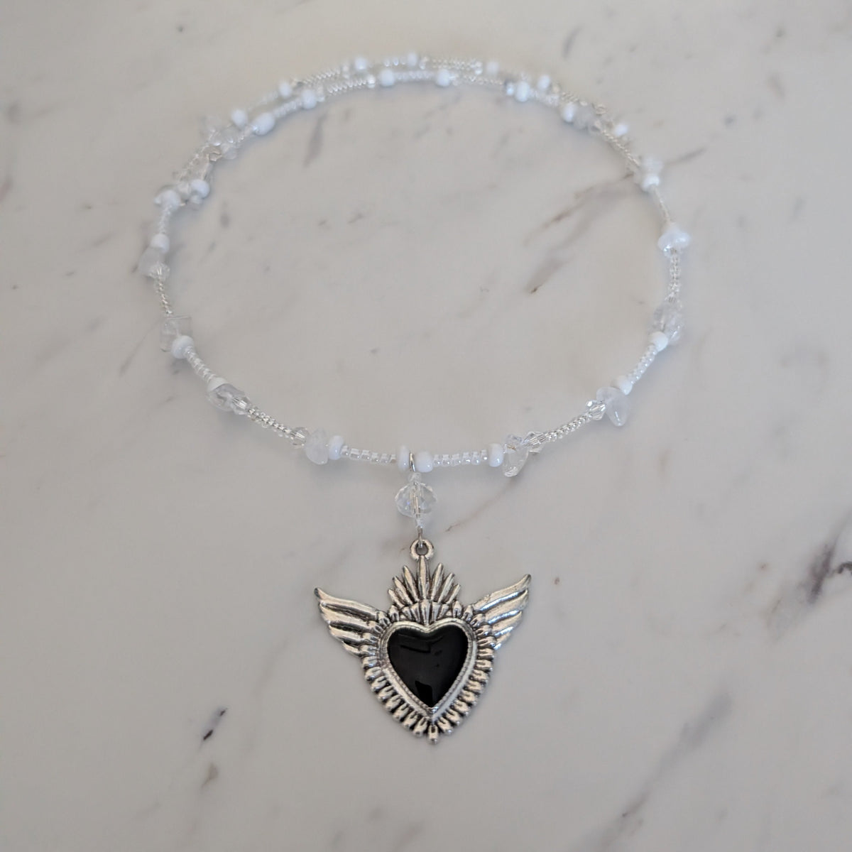 Winged Sacred Heart Memory Wire Collar – Gothic Boho Beaded Choker