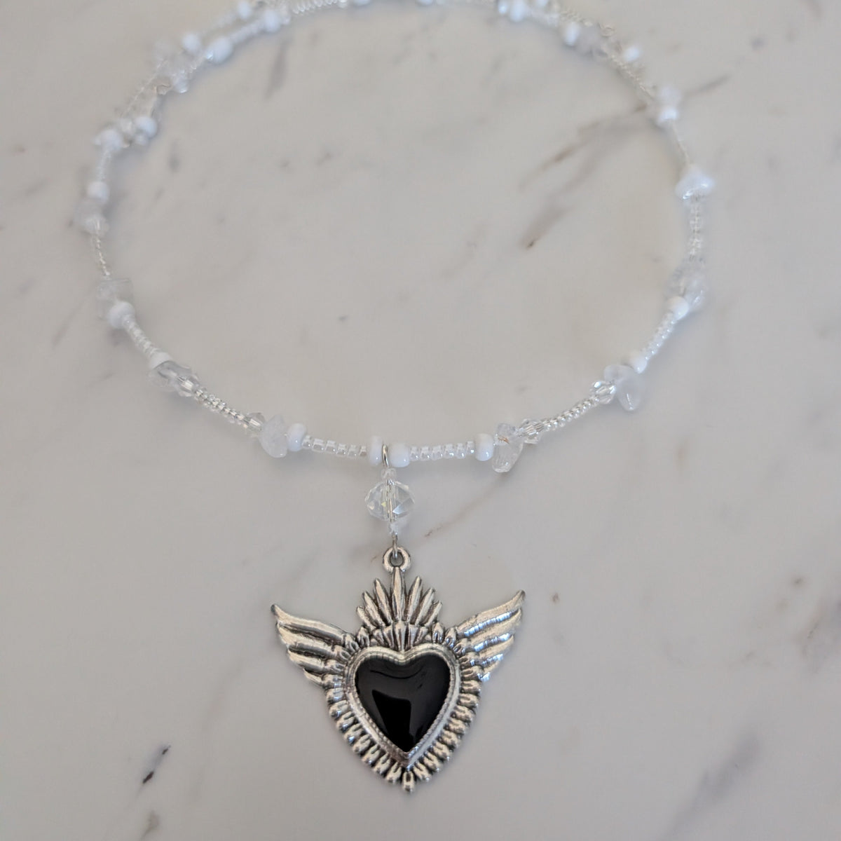 Winged Sacred Heart Memory Wire Collar – Gothic Boho Beaded Choker