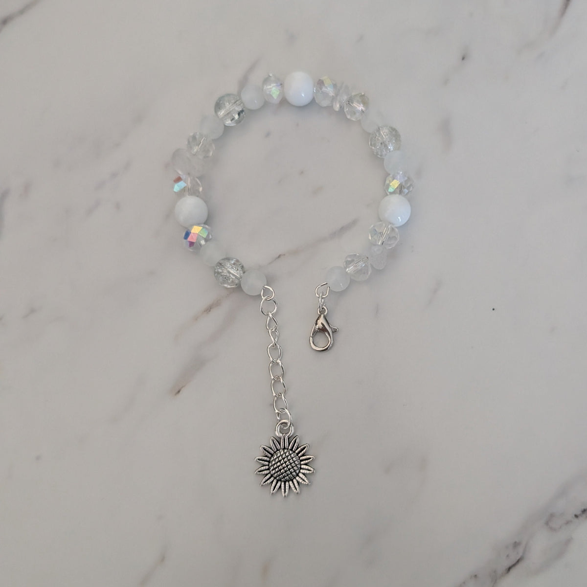 Sparkling White Crystal & Crackled Glass Memory Wire Bracelet with Sunflower Dangle Charm