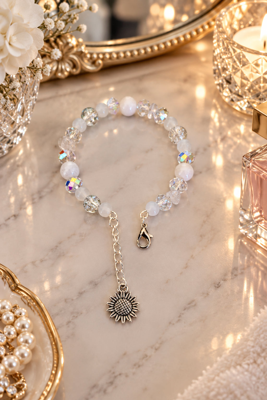 Sparkling White Crystal & Crackled Glass Memory Wire Bracelet with Sunflower Dangle Charm