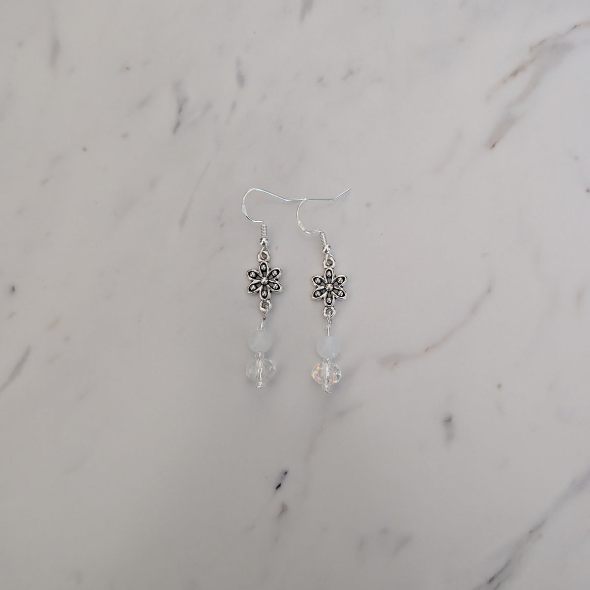 Sterling Silver Flower Dangle Earrings • 925 Silver French Hook Drop Earrings • Iridescent Clear Crystal & White Glass Bead Floral Jewelry
