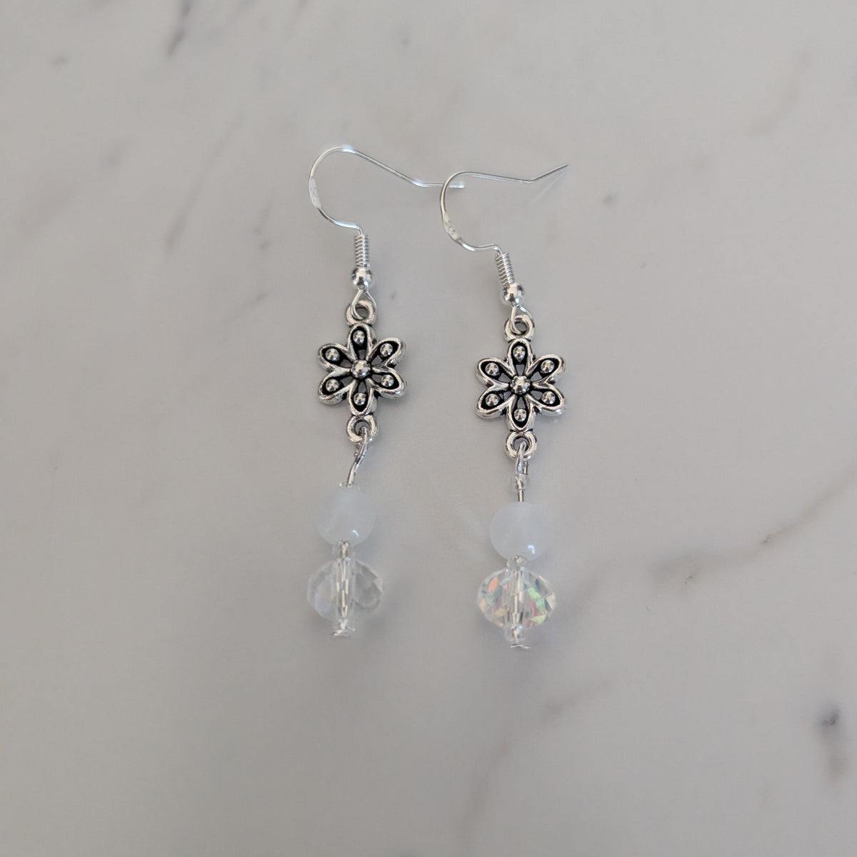 Sterling Silver Flower Dangle Earrings • 925 Silver French Hook Drop Earrings • Iridescent Clear Crystal & White Glass Bead Floral Jewelry
