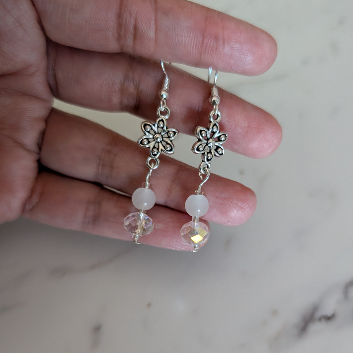 Sterling Silver Flower Dangle Earrings • 925 Silver French Hook Drop Earrings • Iridescent Clear Crystal & White Glass Bead Floral Jewelry