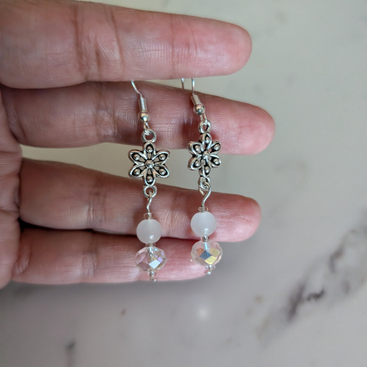 Sterling Silver Flower Dangle Earrings • 925 Silver French Hook Drop Earrings • Iridescent Clear Crystal & White Glass Bead Floral Jewelry