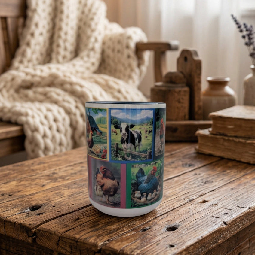 Rustic Farmhouse Life 15 oz Ceramic Coffee Mug – Country Barn, Chickens & Cow Collage Mug with Black Handle