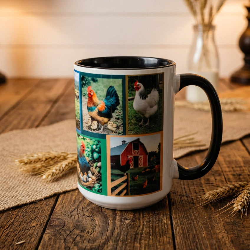 Rustic Farmhouse Life 15 oz Ceramic Coffee Mug – Country Barn, Chickens & Cow Collage Mug with Black Handle