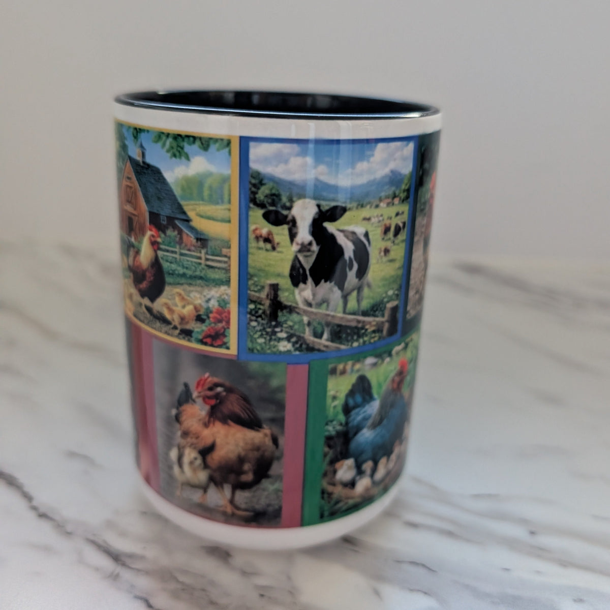 Rustic Farmhouse Life 15 oz Ceramic Coffee Mug – Country Barn, Chickens & Cow Collage Mug with Black Handle