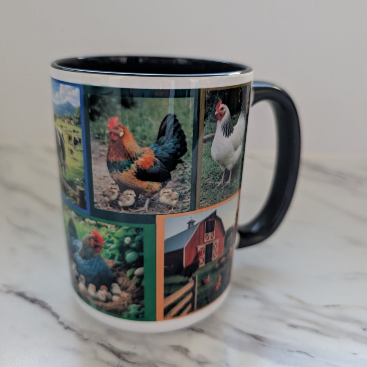 Rustic Farmhouse Life 15 oz Ceramic Coffee Mug – Country Barn, Chickens & Cow Collage Mug with Black Handle