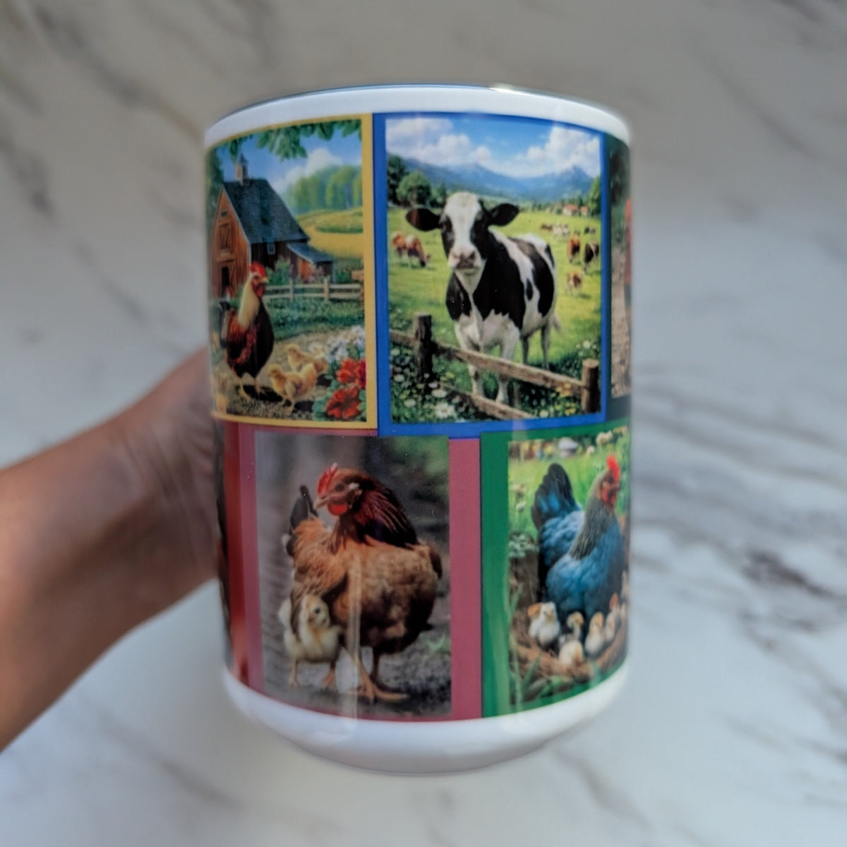 Rustic Farmhouse Life 15 oz Ceramic Coffee Mug – Country Barn, Chickens & Cow Collage Mug with Black Handle