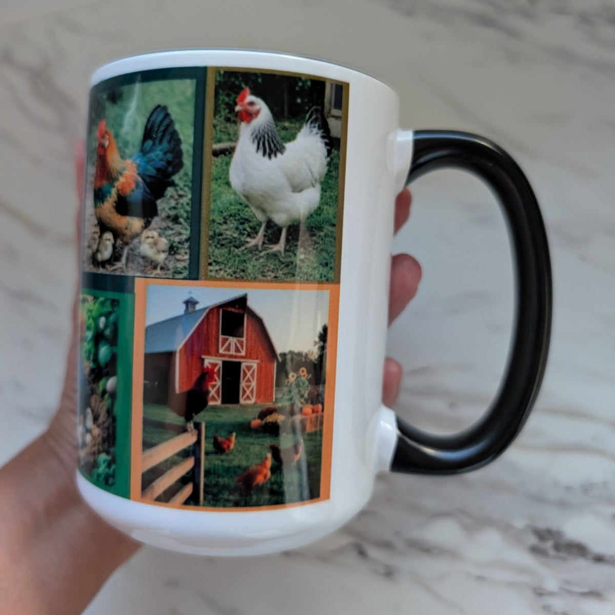 Rustic Farmhouse Life 15 oz Ceramic Coffee Mug – Country Barn, Chickens & Cow Collage Mug with Black Handle