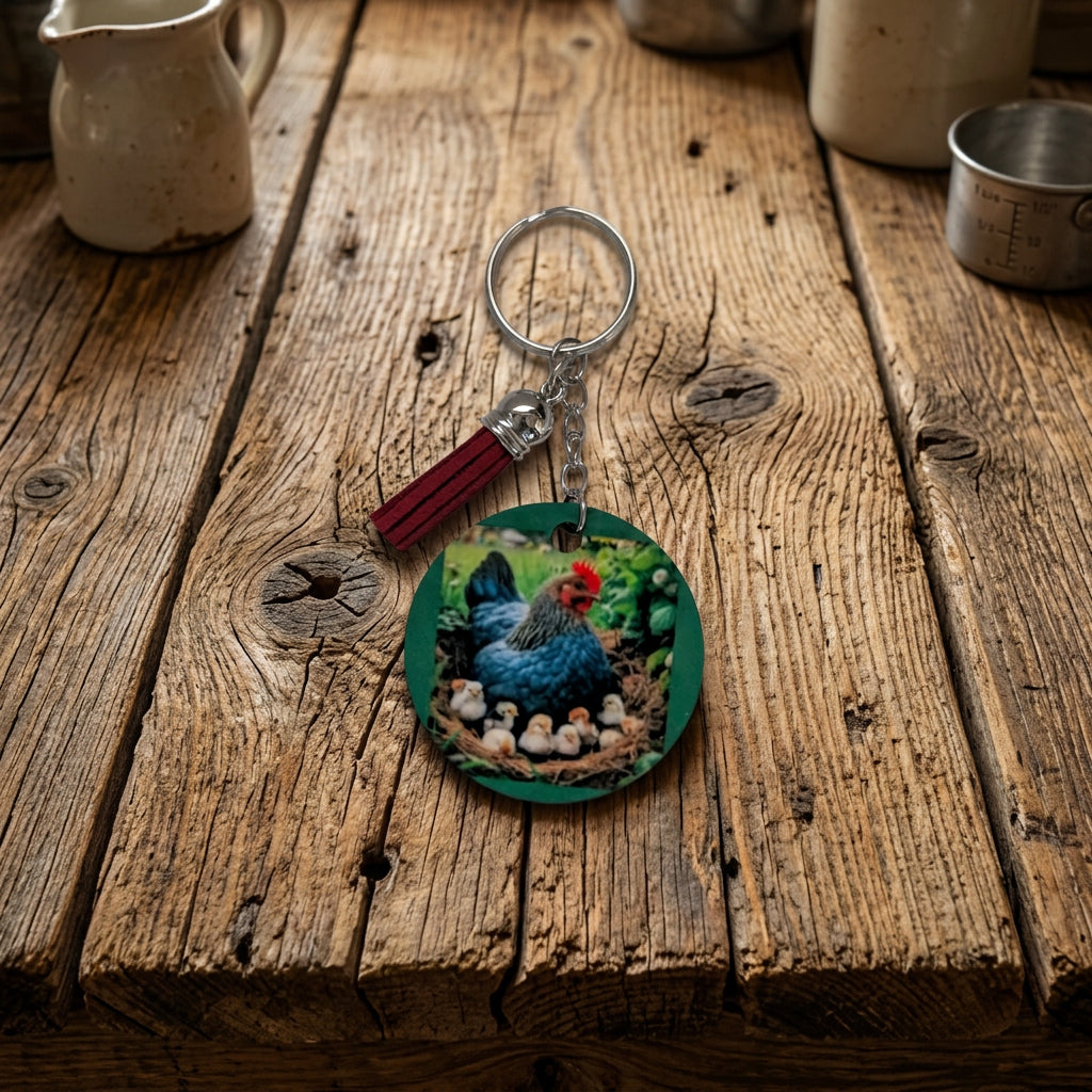 Double Sided Mother Hen & Chicks Sublimated Keychain with Burgundy Tassel | Farmhouse Chicken Keyring Gift