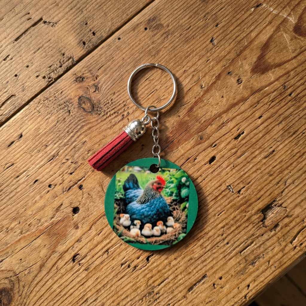 Double Sided Mother Hen & Chicks Sublimated Keychain with Burgundy Tassel | Farmhouse Chicken Keyring Gift