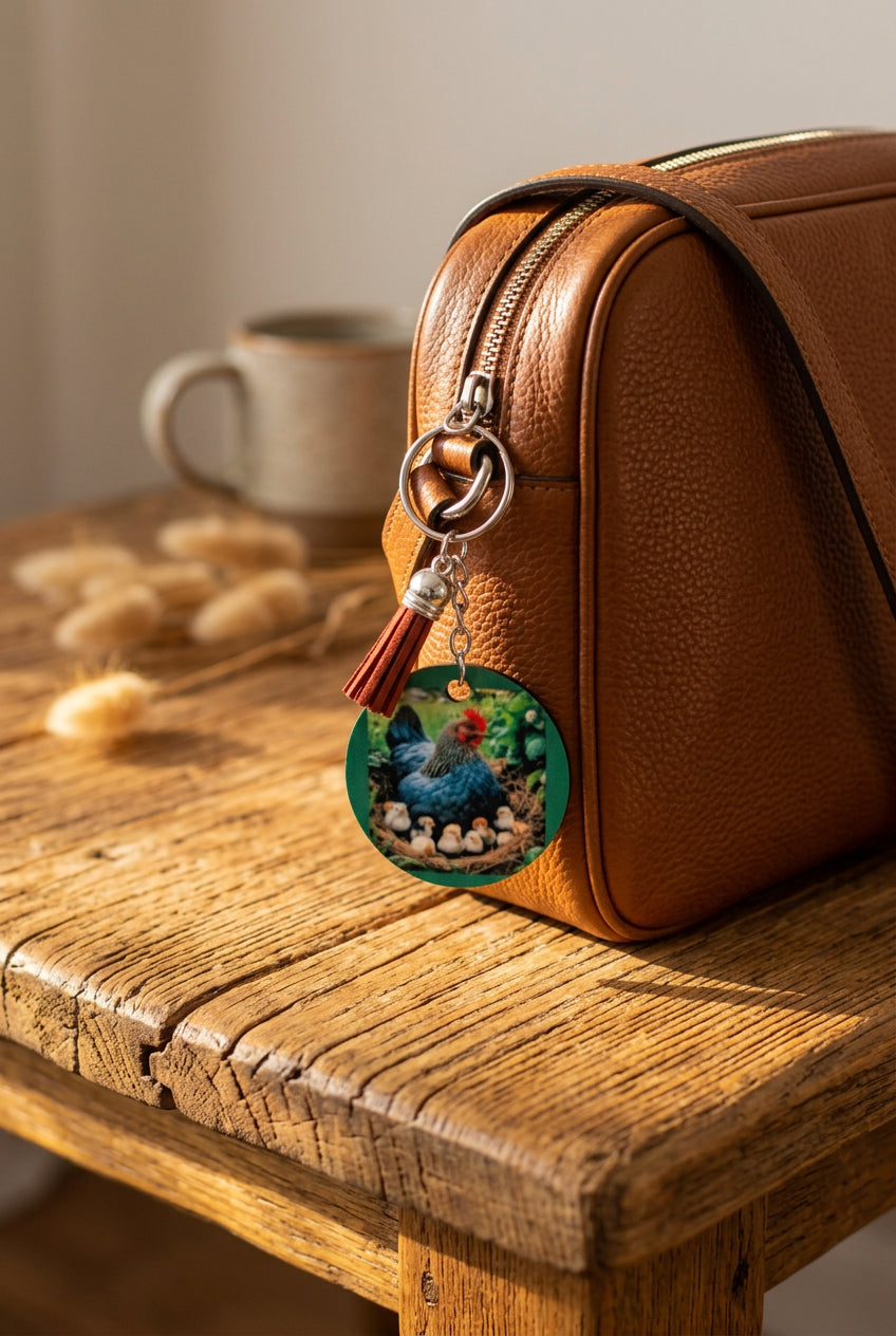 Double Sided Mother Hen & Chicks Sublimated Keychain with Burgundy Tassel | Farmhouse Chicken Keyring Gift