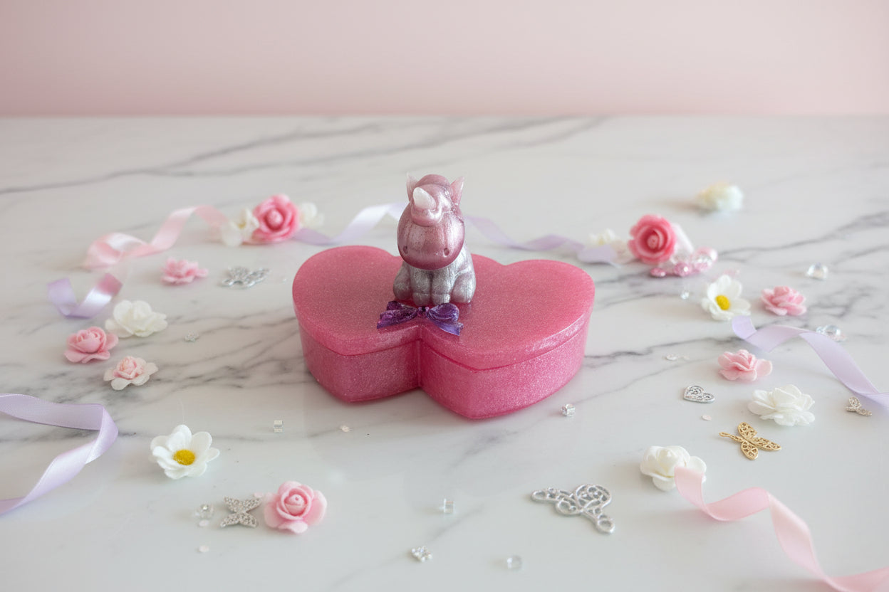 Add a touch of magic to your vanity with this one-of-a-kind, handcrafted epoxy resin trinket box. Featuring a unique double-heart design and topped with an adorable, sleepy unicorn guardian, this box is perfect for storing your most precious rings, earrings, or daily treasures.