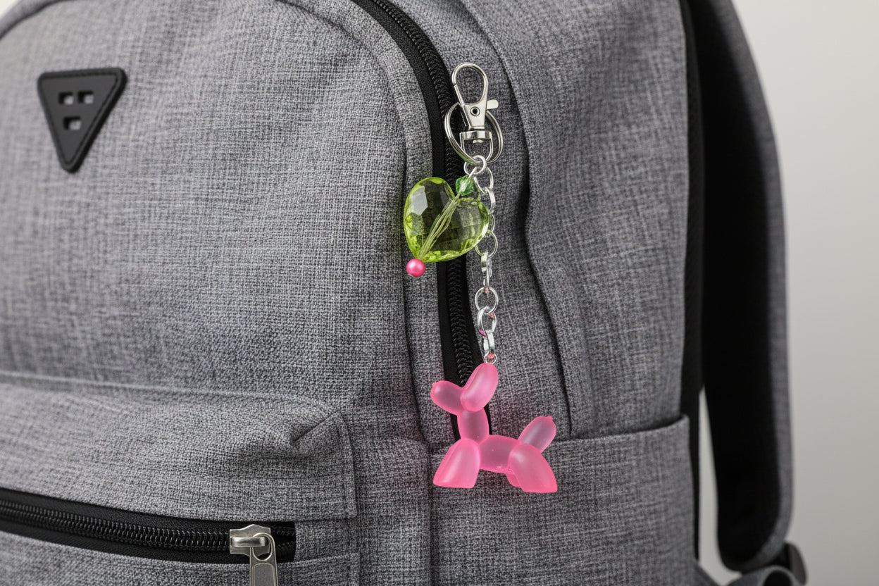Keychain with pink dog-shaped charm and green heart-shaped bead on a backpack