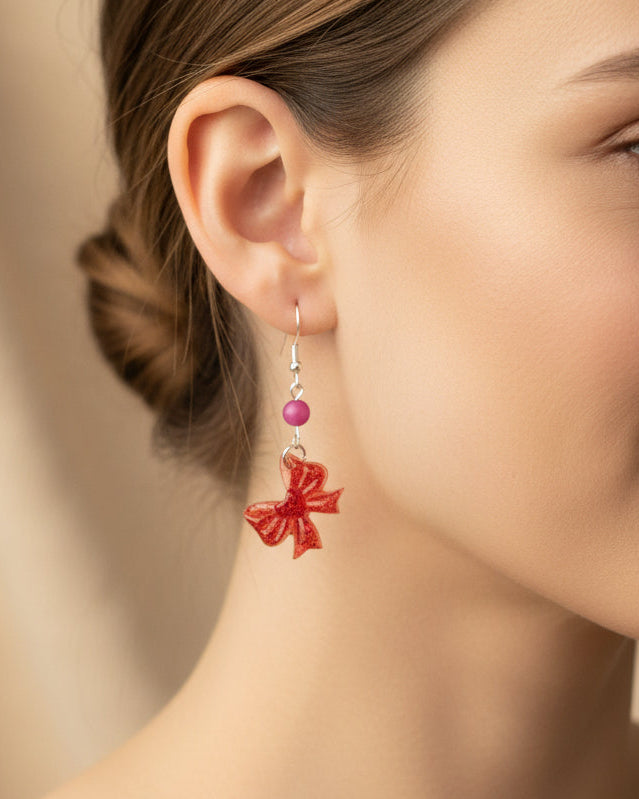Resin Bow Earrings with Accent Bead & 925 Sterling Silver Hooks
