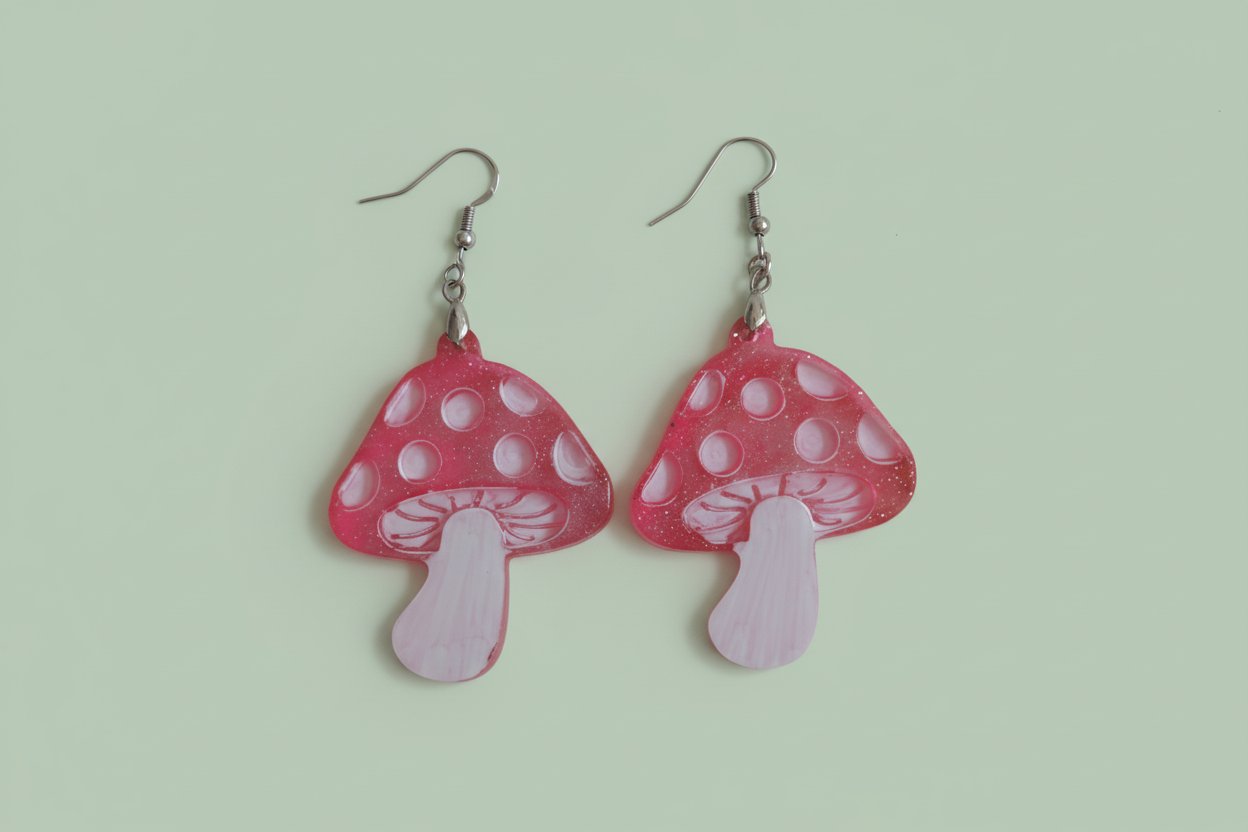 Earrings - Resin red and white mushroom on silver hook