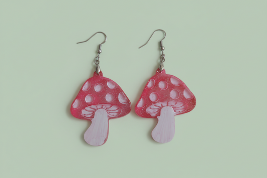 Earrings - Resin red and white mushroom on silver hook