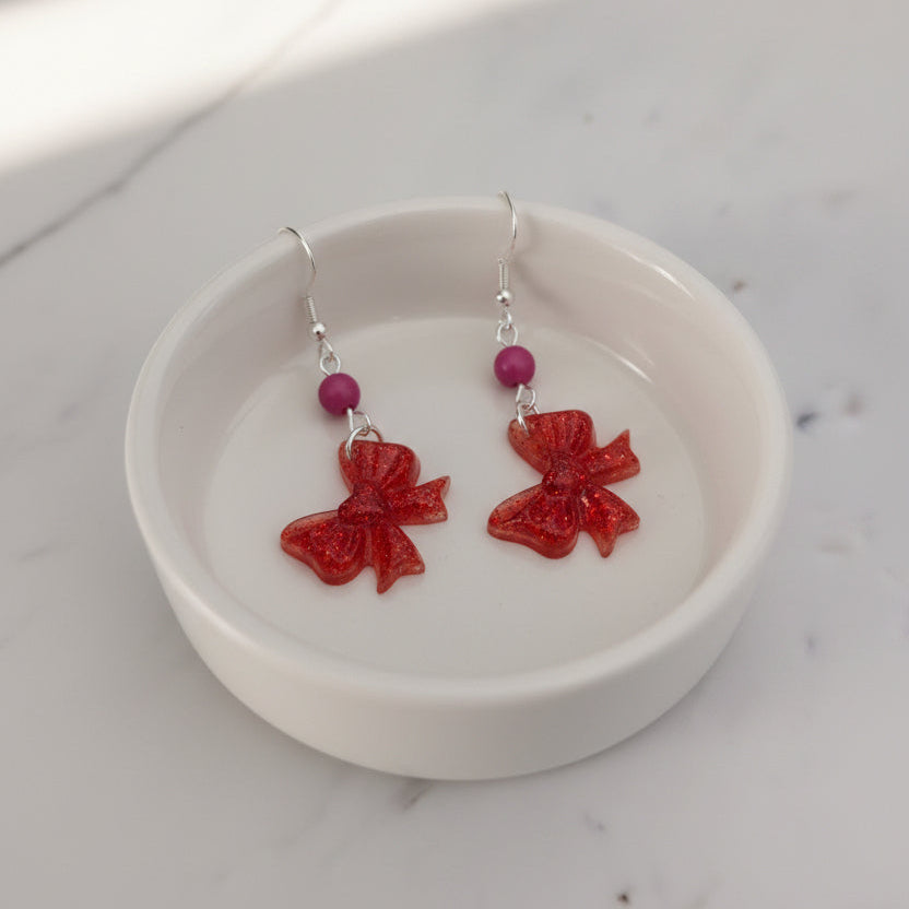 Resin Bow Earrings with Accent Bead & 925 Sterling Silver Hooks