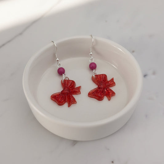 Resin Bow Earrings with Accent Bead & 925 Sterling Silver Hooks