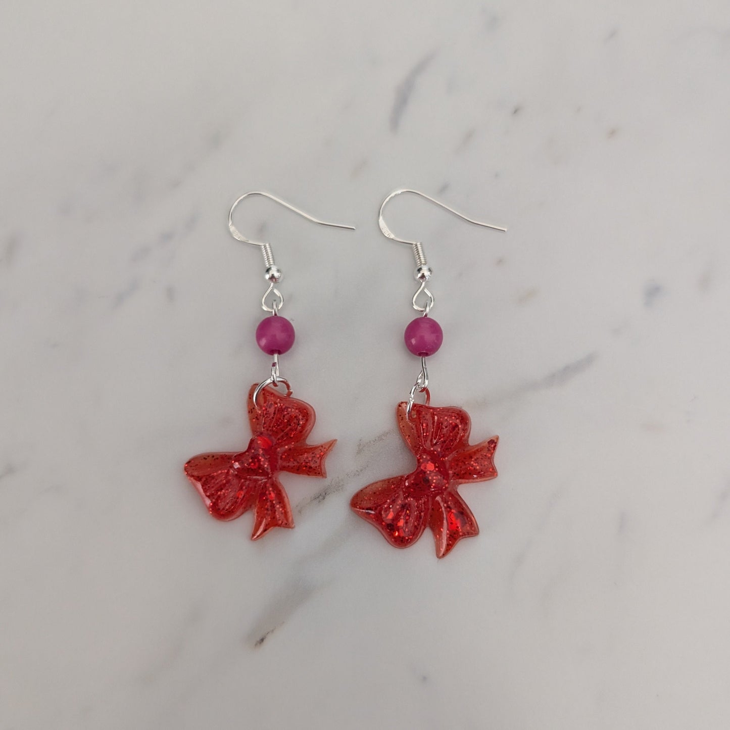 Resin Bow Earrings with Accent Bead & 925 Sterling Silver Hooks
