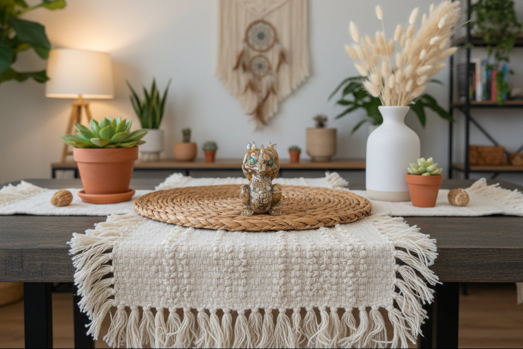 Decorative table setting with a woven mat, resin dragon, and plants in a home interior.