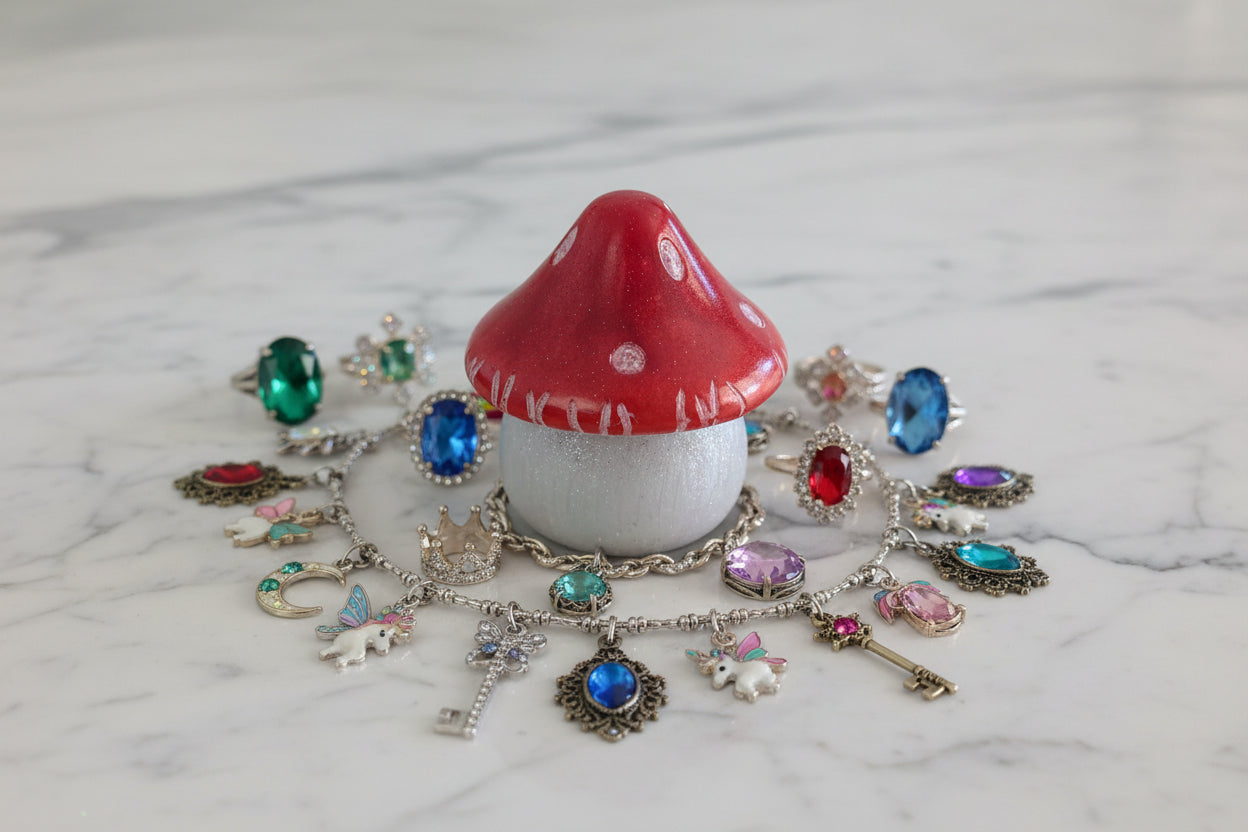 This charming hand-crafted resin mushroom trinket brings whimsical elegance to any space. Meticulously sculpted from epoxy resin, it features a smooth, glass-like finish that's both durable and non-porous—perfect for storing small treasures, jewelry, or keepsakes. The removable lid makes access effortless, while its compact 4.5-inch height and 4x4-inch width fit seamlessly on shelves, desks, or nightstands. At just 12.4 ounces, it's lightweight yet substantial enough to feel premium. Each piece showcases th