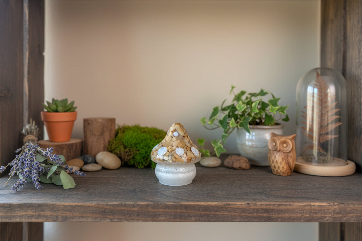 Decorative items including a small mushroom trinket, owl figurine, and potted plants on a wooden surface.