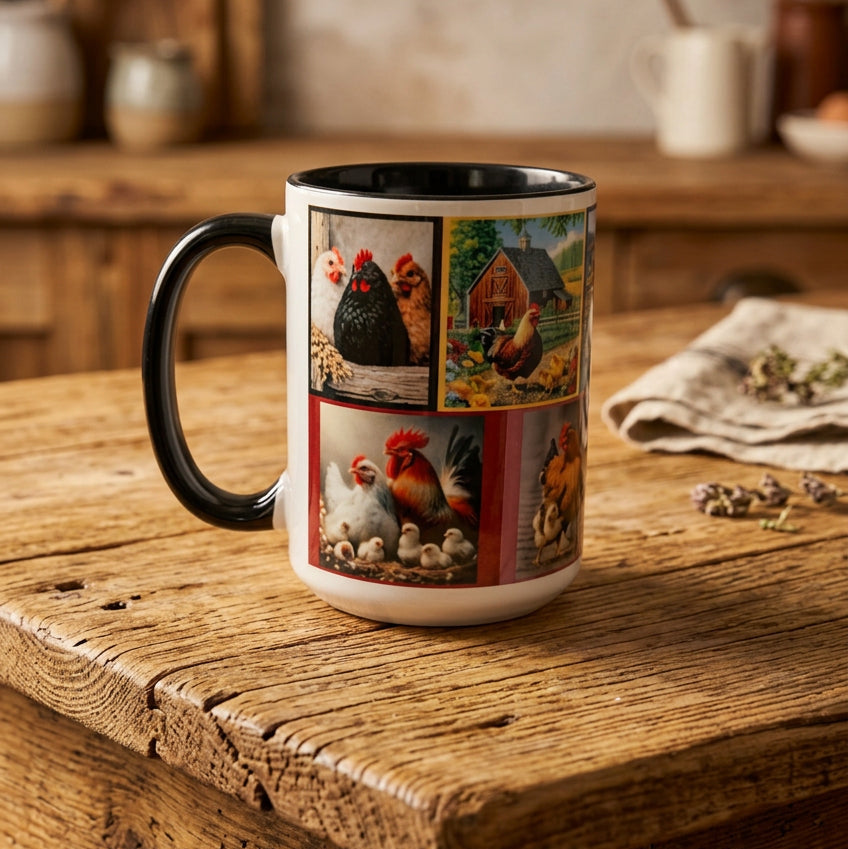 Rustic Farmhouse Life 15 oz Ceramic Coffee Mug – Country Barn, Chickens & Cow Collage Mug with Black Handle