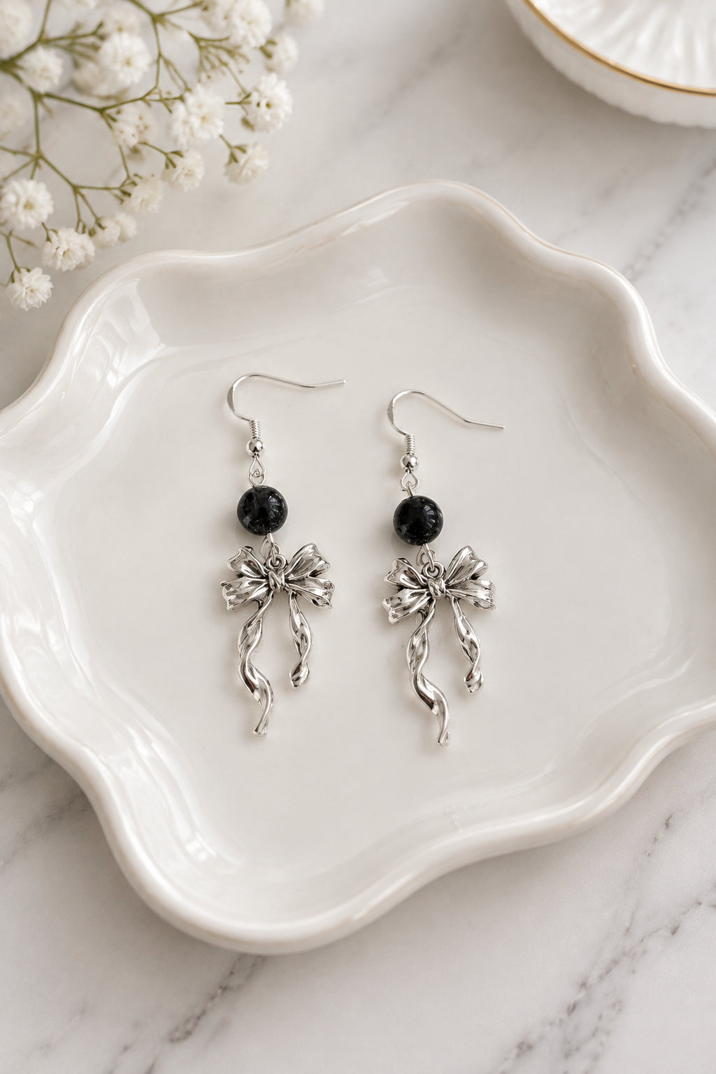 Silver Ribbon Bow Earrings with Black Crackle Glass Beads, 925 Sterling Silver Hooks