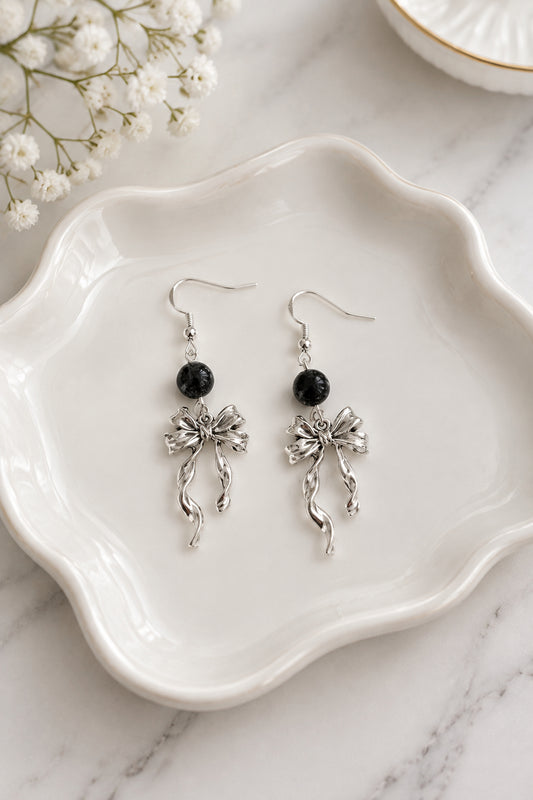 Silver Ribbon Bow Earrings with Black Crackle Glass Beads, 925 Sterling Silver Hooks