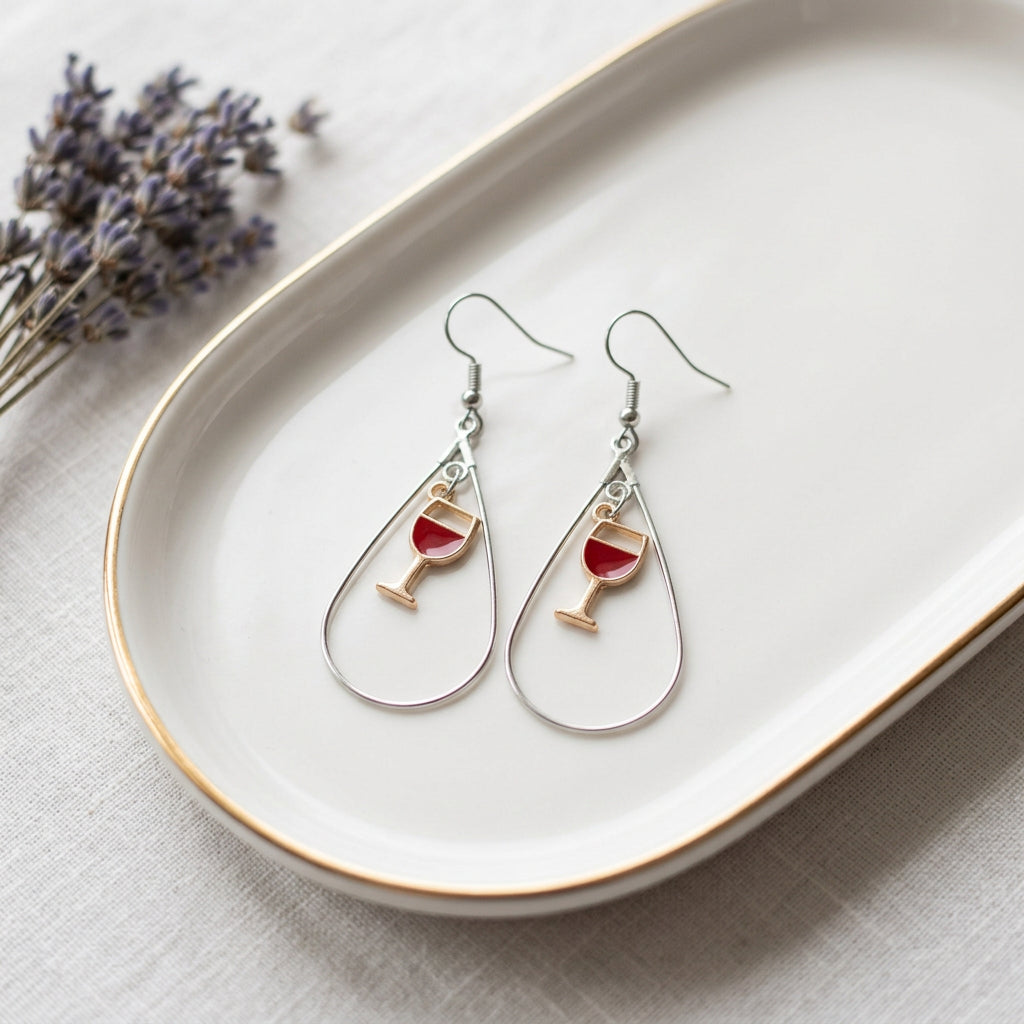 Silver Teardrop Enamel Wine Glass Earrings