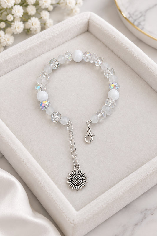 Sparkling White Crystal & Crackled Glass Memory Wire Bracelet with Sunflower Dangle Charm