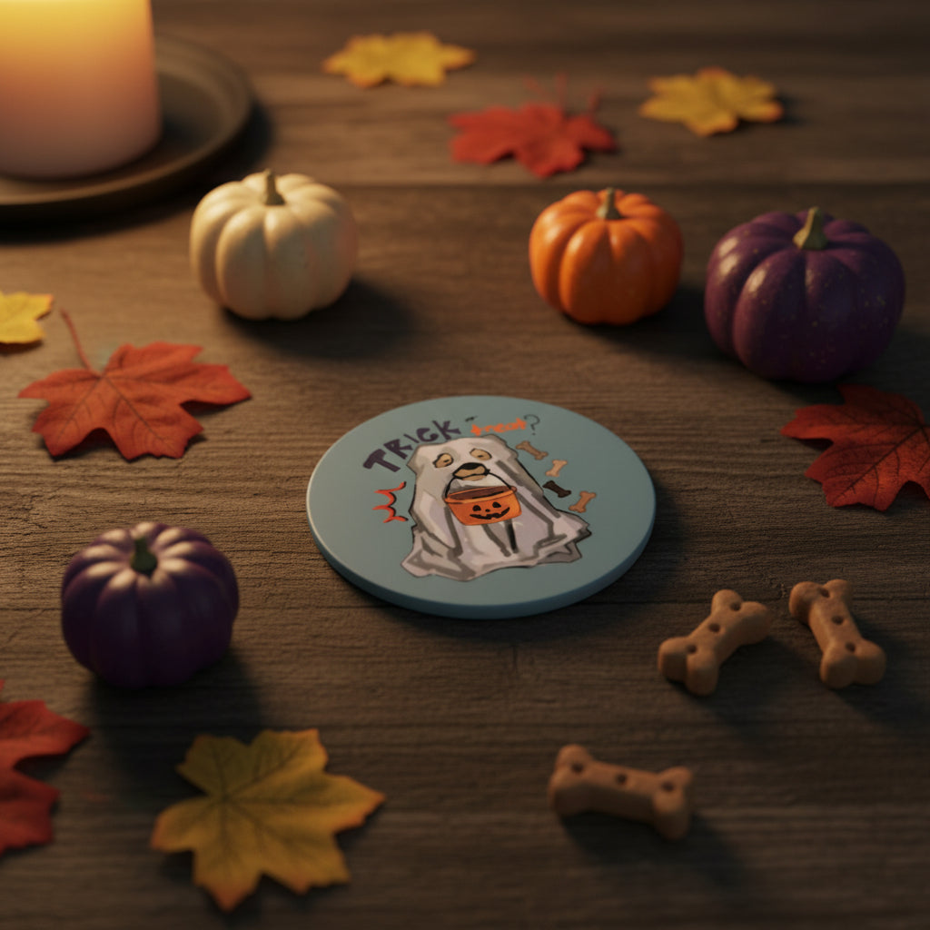 Trick or Treat Pup Ceramic Coaster, Halloween Dog Lover Drink-ware