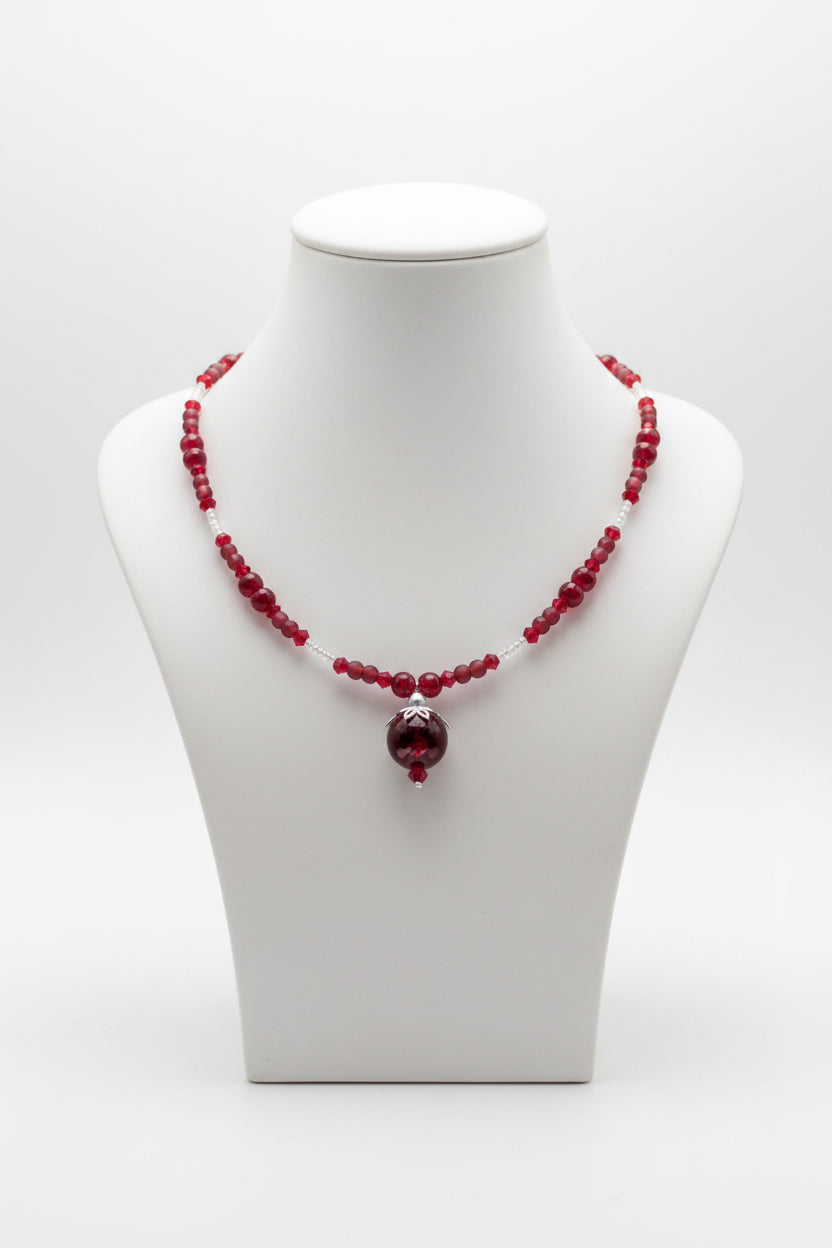 Vibrant Burgundy Glass Pendant Memory Wire Choker Necklace – Sparkling Red Crystal & Seed Bead Collar