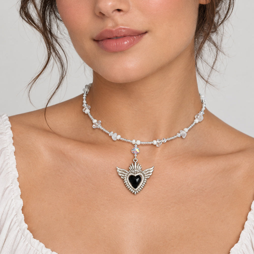 Winged Sacred Heart Memory Wire Collar – Gothic Boho Beaded Choker
