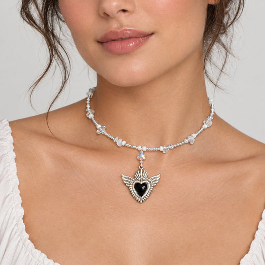 Winged Sacred Heart Memory Wire Collar – Gothic Boho Beaded Choker