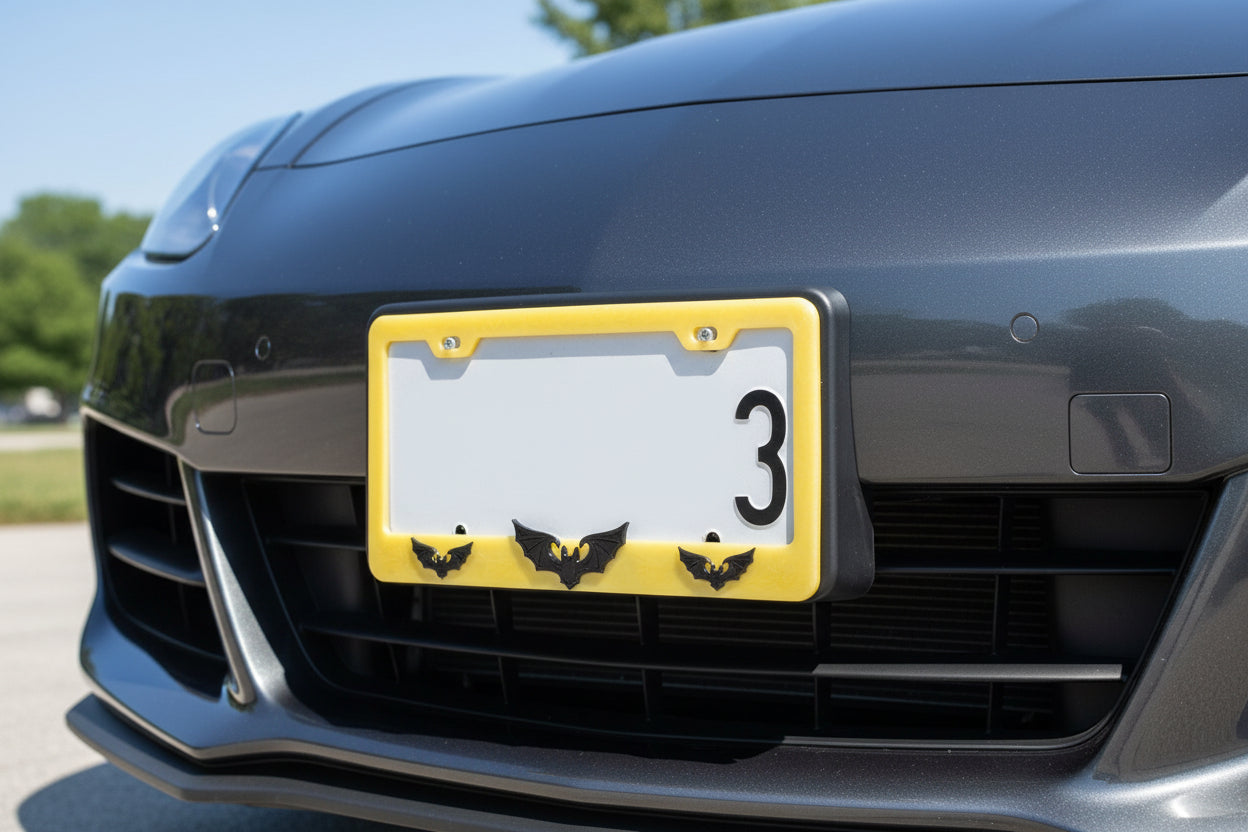 A close-up of a black car front grille with a yellow license plate frame holding a white plate with a black number 3 and three small black bat decals.