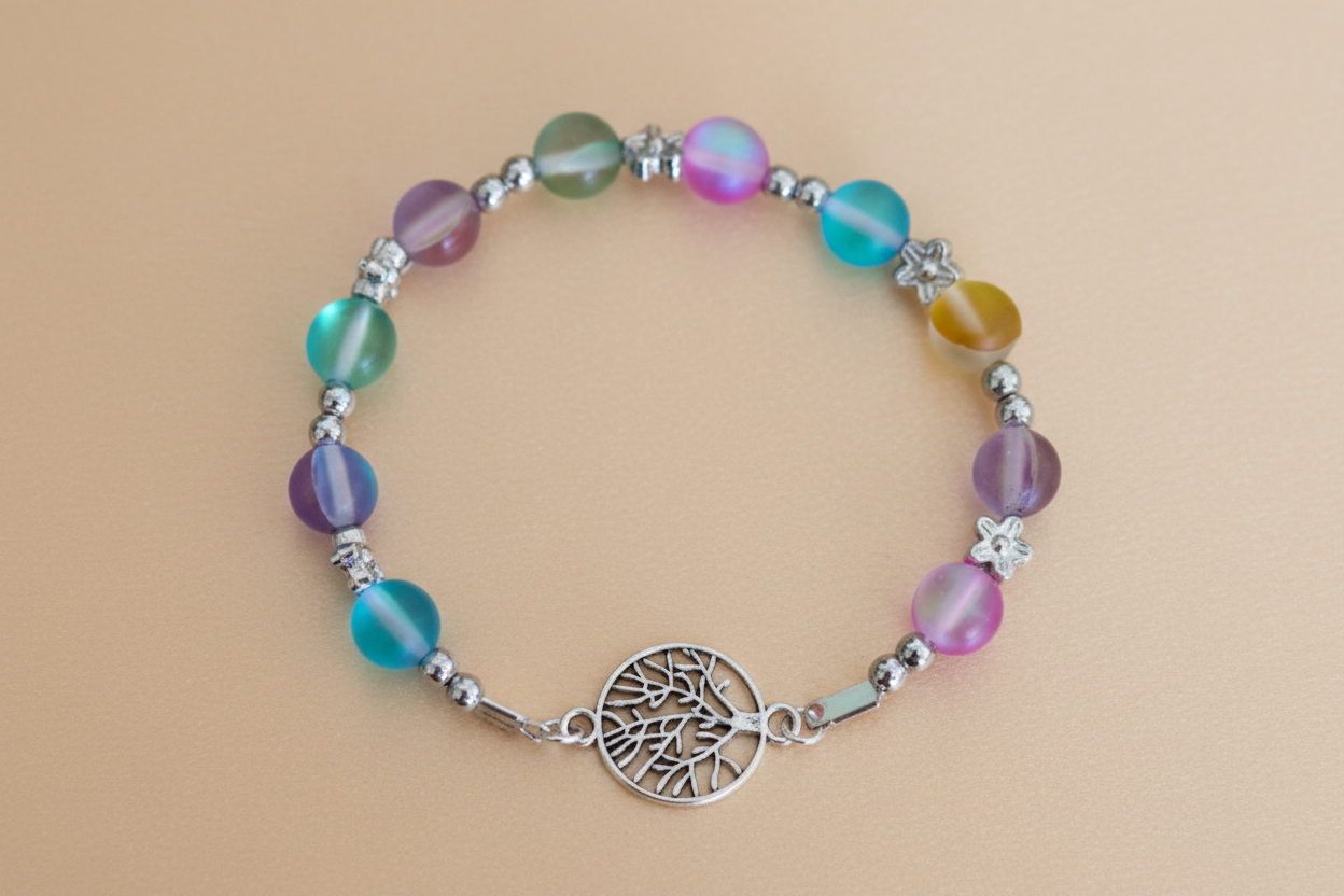 Multicolored beaded bracelet with a silver tree of life charm on a beige background