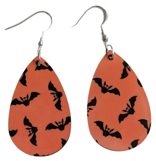 Earrings - Double sided sublimated black bats on orange pattern on silver hook