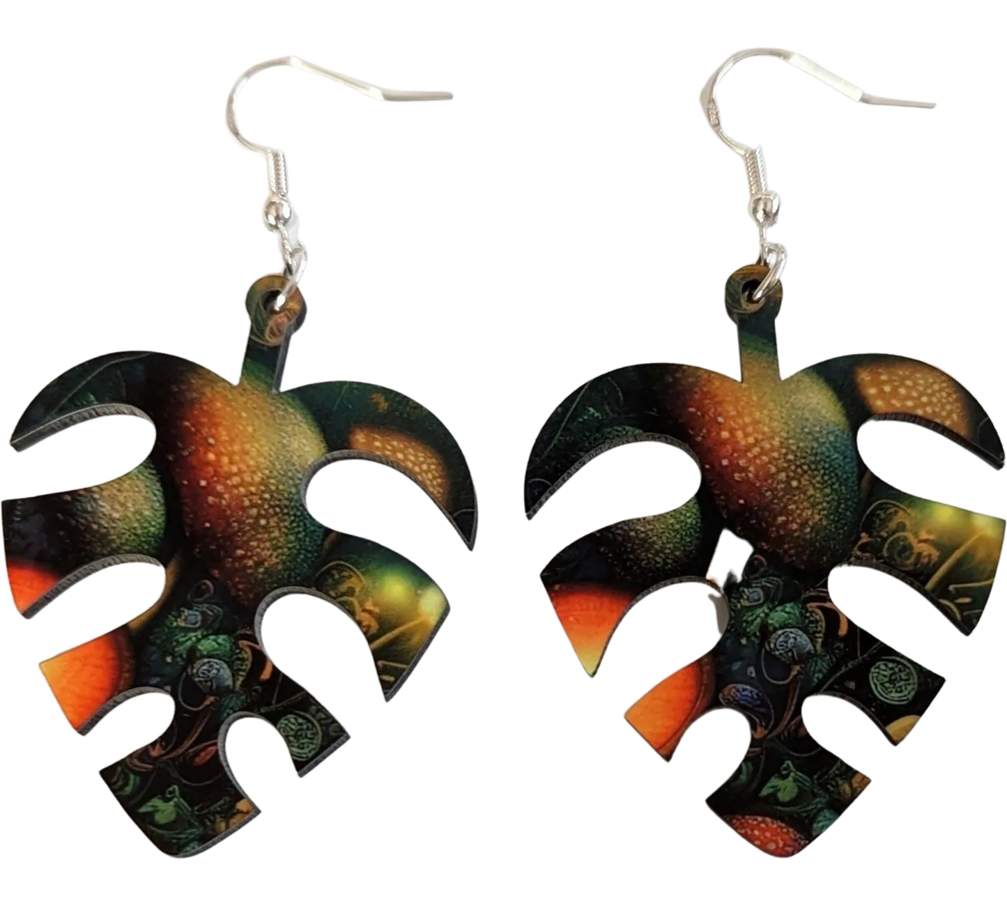 Earrings - Double sided sublimated banana leaf with mushroom pattern on hook