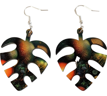 Earrings - Double sided sublimated banana leaf with mushroom pattern on hook