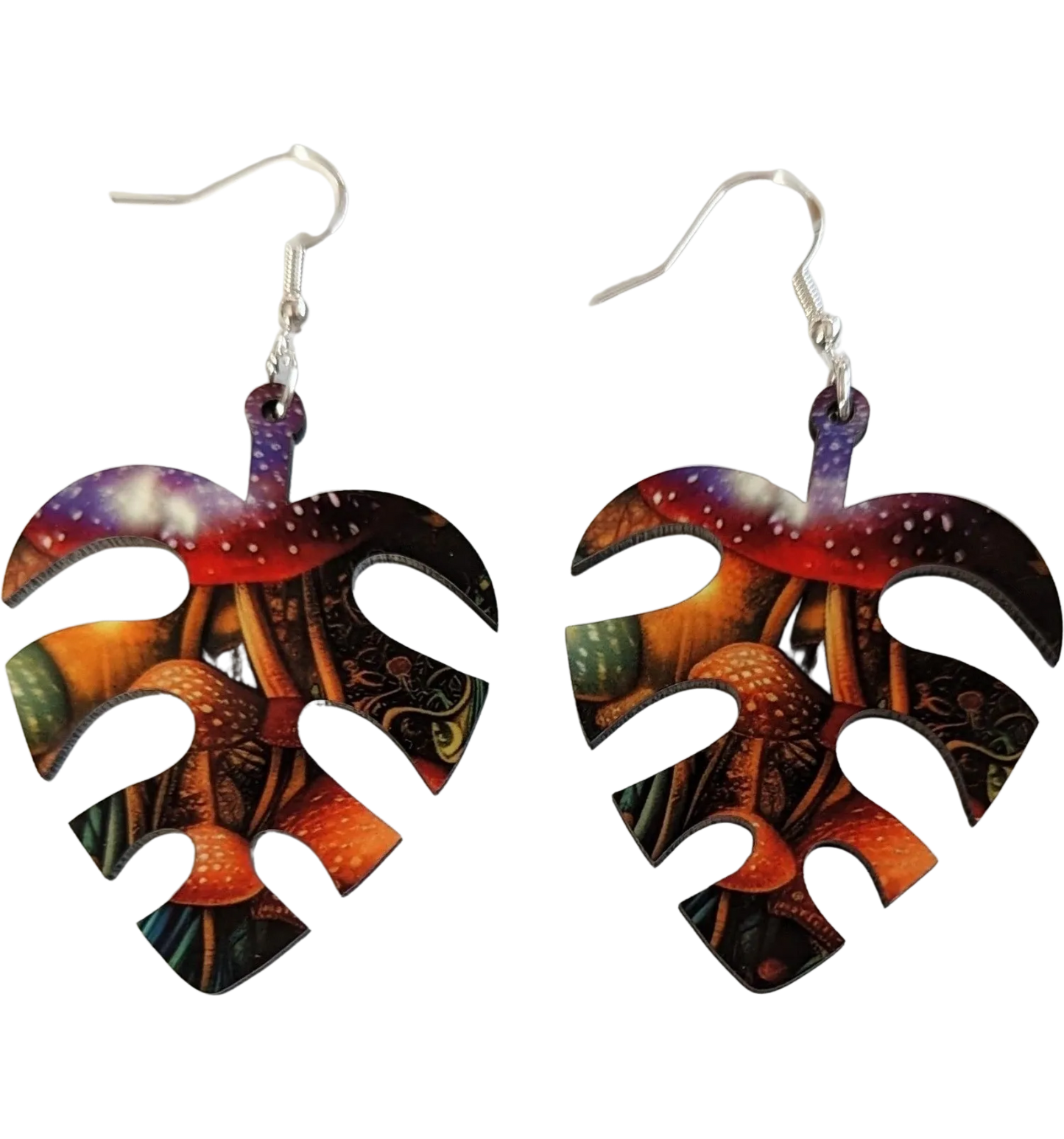 Earrings - Double sided sublimated banana leaf with mushroom pattern on hook